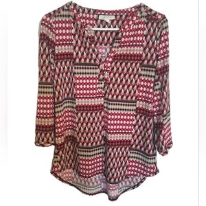 Dana Buchman Blouse Womens Size Small Red Pink Colorblock 3/4 Sleeve W Buttons